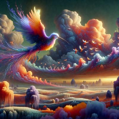 The primary subject of the image is a bird, which is flying through a vibrant and colorful sky. The bird is surrounded by a variety of birds, creating a lively and dynamic scene. The setting is a cloudy sky, which adds to the overall atmosphere of the image. The visual style of the image is digital art, as it appears to be a painting or illustration created using digital tools. The colors and mood of the image are bright, cheerful, and full of energy, with the bird and its surround